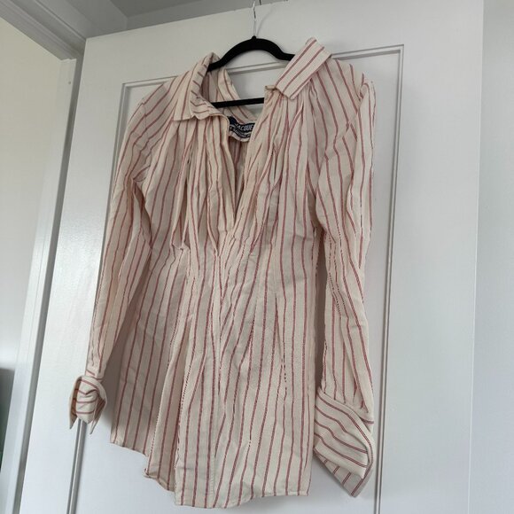 Jacquemus Les Santons De Provence Mini Shirt Dress Striped Linen Pleated Red 42 - Picture 1 of 8